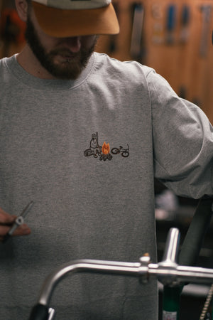 The Woods Cyclery Campfire Long Sleeve Tee - Grey Marl