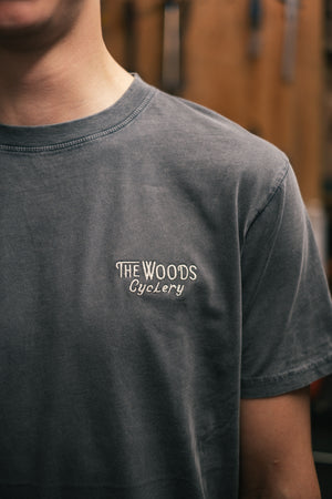 The Woods Cyclery Embroidered Logo T-Shirt - Stonewashed Grey