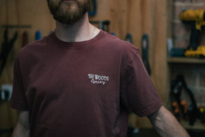 The Woods Cyclery Embroidered Logo T-Shirt - Stonewashed Burgundy
