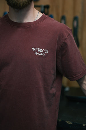 The Woods Cyclery Embroidered Logo T-Shirt - Stonewashed Burgundy
